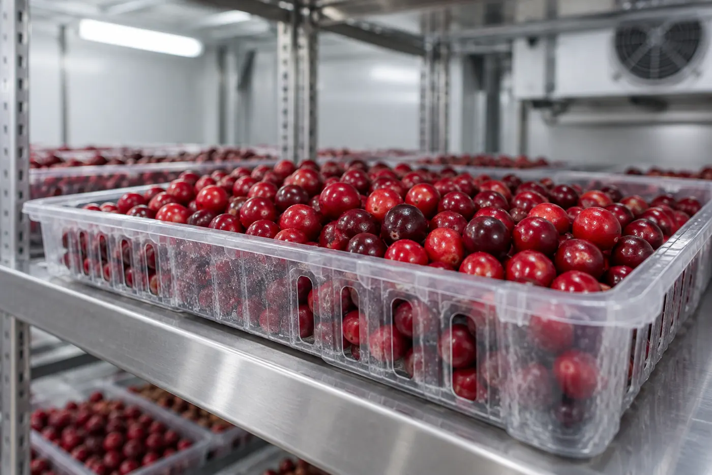 Fresh whole cranberries in a refrigerated produce tray Fresh whole cranberries in a refrigerated produce tray