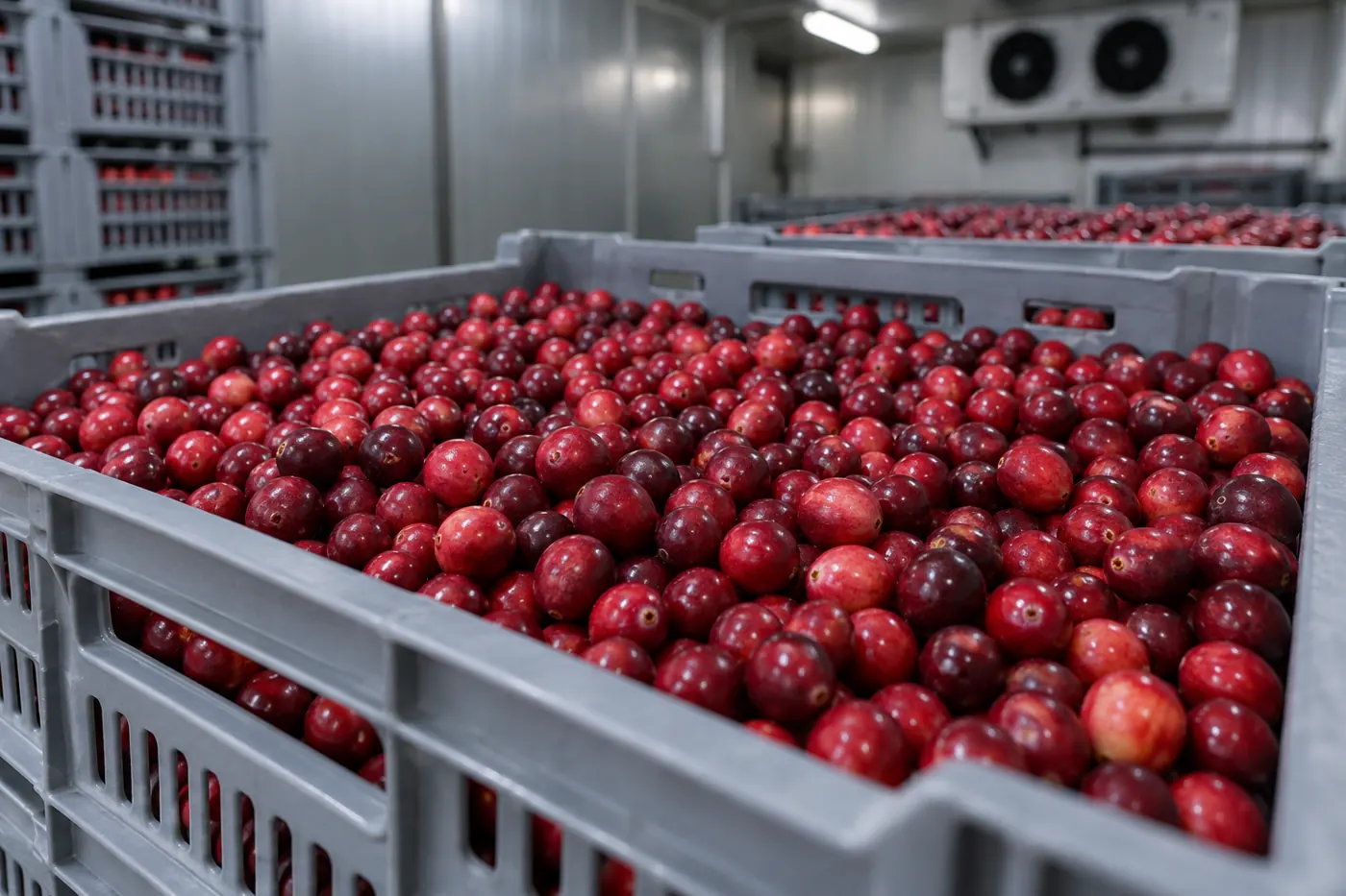 Fresh cranberries in a ventilated cold storage crate