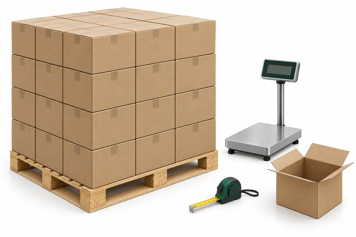 Pallet carton count illustration Pallet of plain frozen food cartons with scale and tape measure