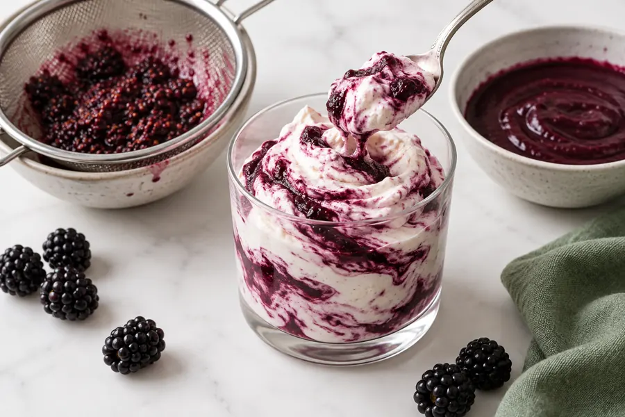 Finished fool relates screened fruit base to airy cream Finished fool relates screened fruit base to airy cream