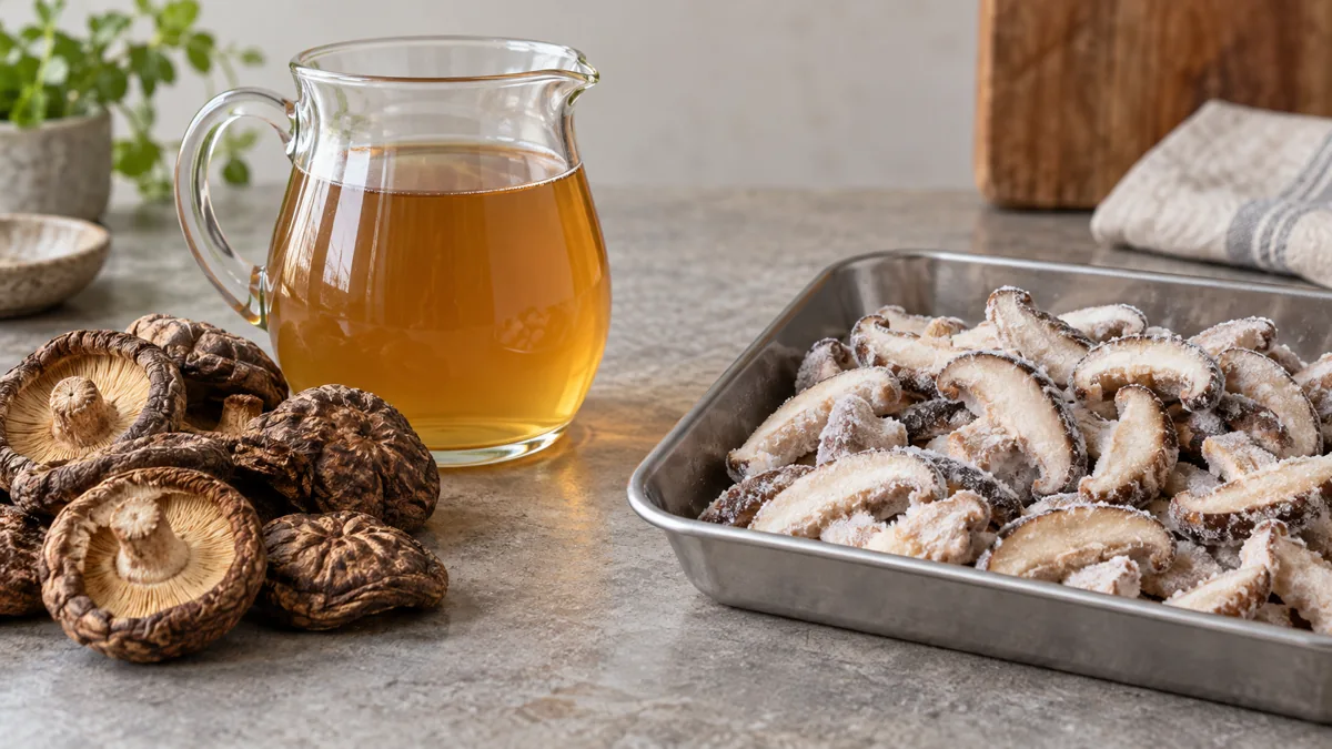 Dried shiitake and amber stock beside separate frosty IQF shiitake slices