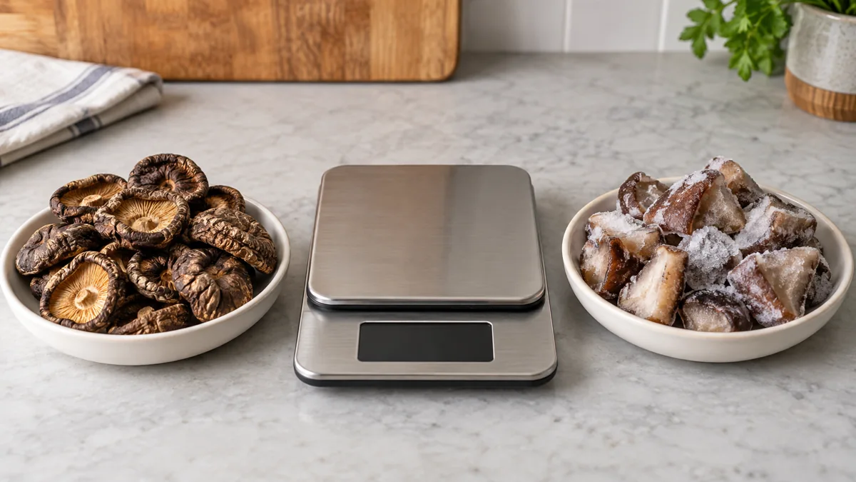 Dried caps and frost-covered IQF shiitake pieces on separate sides of an unmarked scale