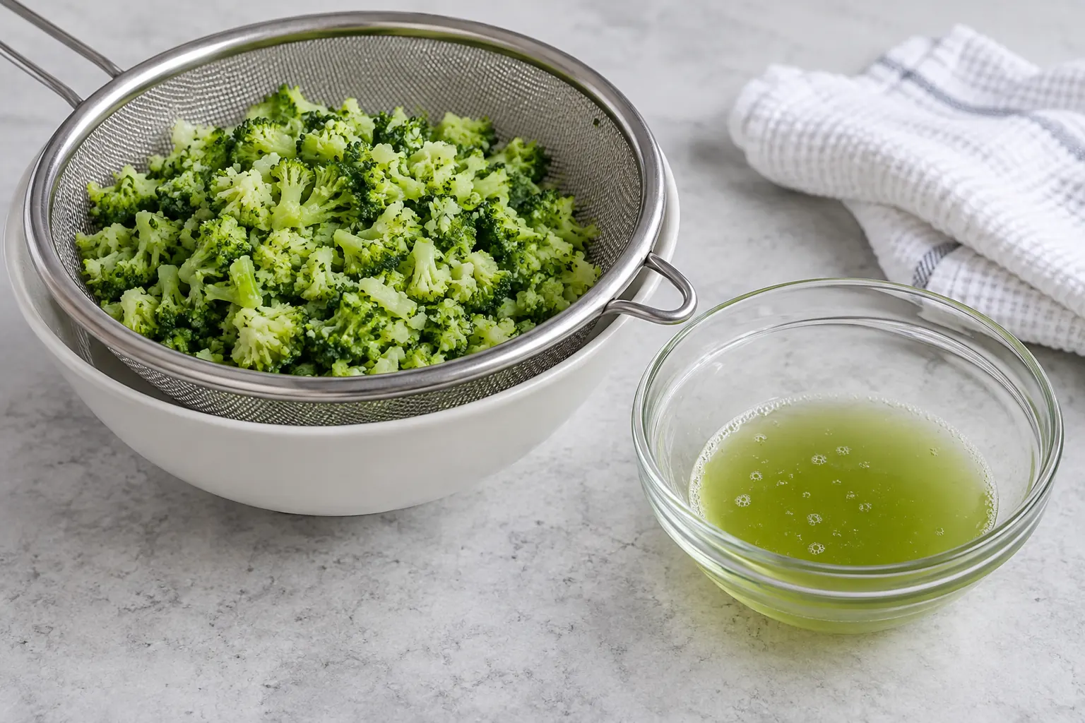 Thawed chopped broccoli in a strainer beside expressed liquid