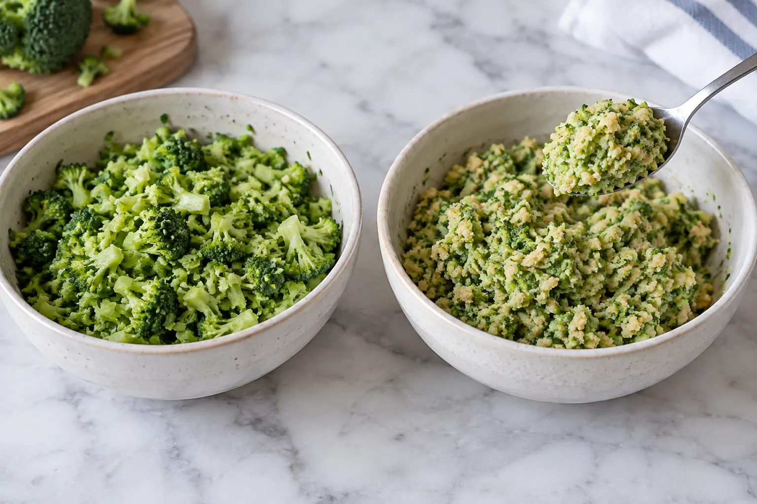 Two chopped broccoli mixtures comparing coarse and cohesive textures