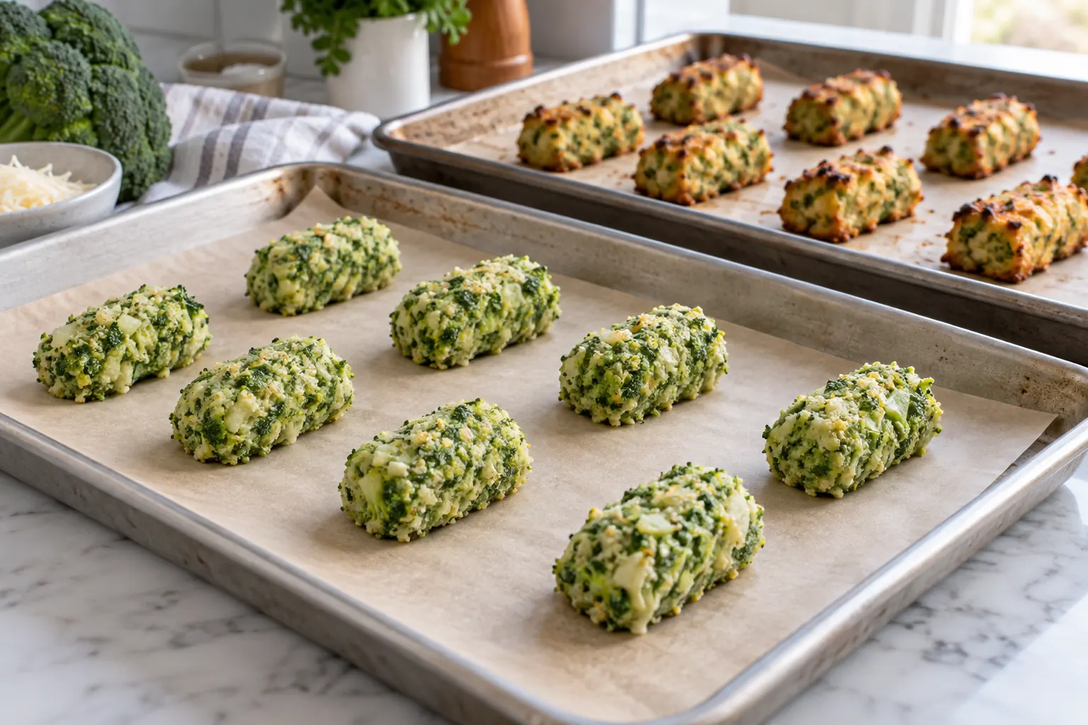 Evenly spaced formed broccoli tots beside a tray of baked pieces