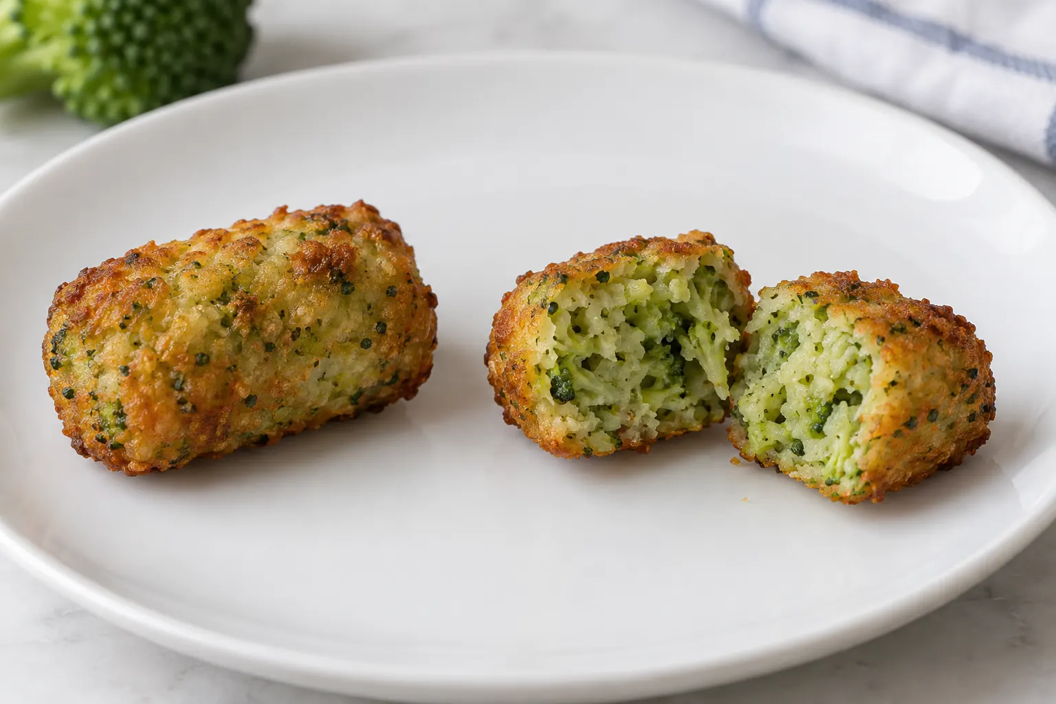 Whole and cut broccoli tots showing intact browned edge and green center